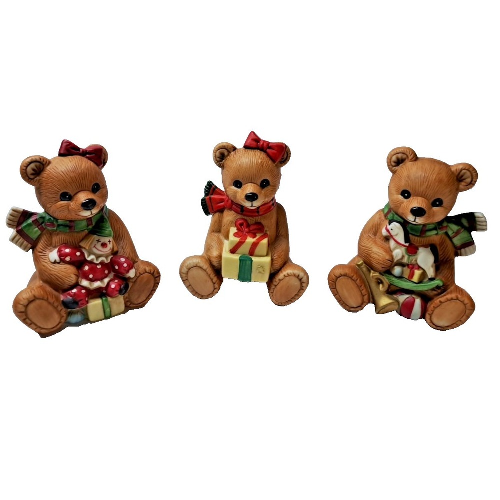 Homco Teddy Bear Family Country Christmas Porcelain Figurines Lot of 3‎ Vintage